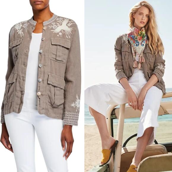 Johnny Was Workshop Oleander Linen Jacket Grey Safari Embroidered Women Medium - Picture 2 of 16